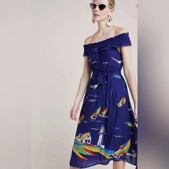 Anthropologie Dresses & Skirts - 48 of 52 Conversations Anthropologie off shoulder nautical lighthouse dress sz 4